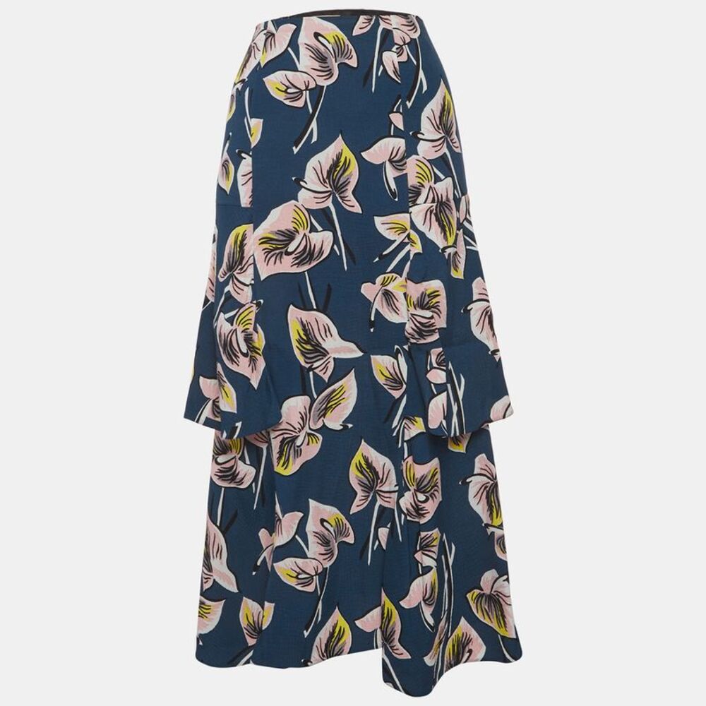 Marni Blue Floral Print Crepe Ruffled Maxi Shirt M